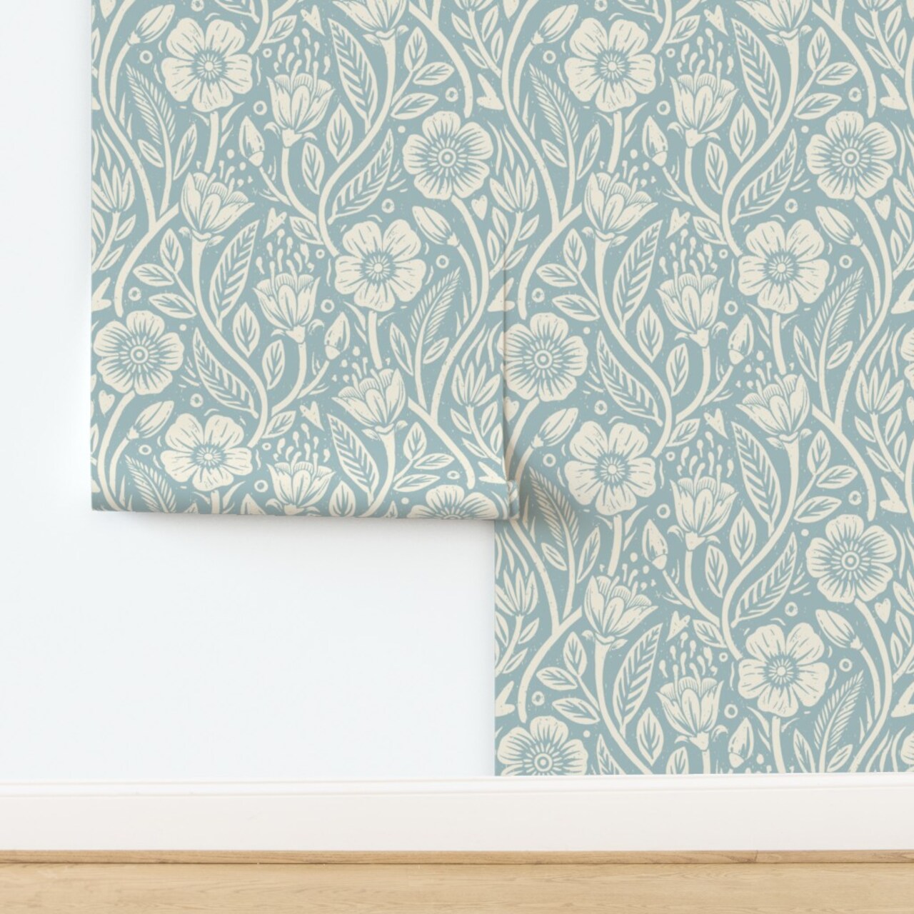 Blue Wildflowers Cream Floral Pastel Block Print Spring Flowers Cottagecore Custom Pre-pasted Wallpaper by Spoonflower Pre-Pasted Wallpaper 2FT Wide